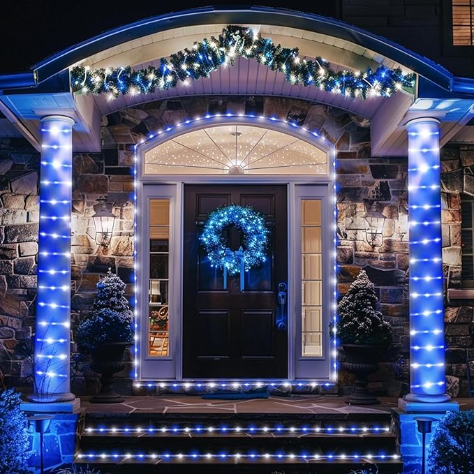 JMEXSUSS 2 Pack Rope Lights Battery Operated Christmas Lights Outdoor, Total 200LED 66ft 8 Modes Battery Powered String Lights with Remote, Blue and White String Light for Christmas Decor