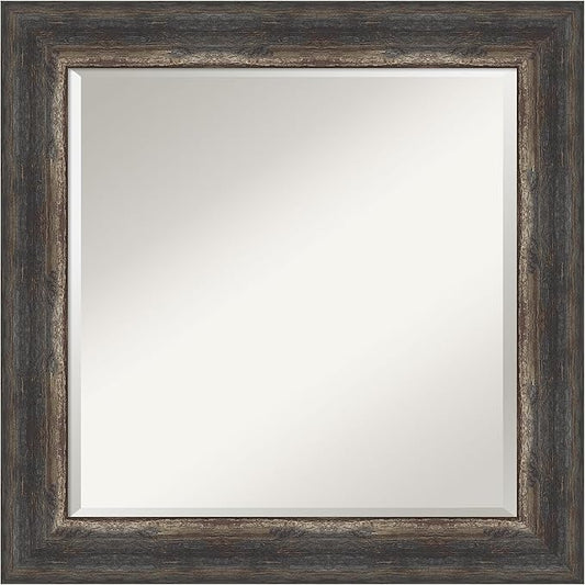 Amanti Art Brown Bathroom Mirror for Over Sink, 25x25 Bark Rustic Char Square Vanity Mirror, Medium Country Rustic Frame, Hangs Horizonally and Vertically, Bathroom Wall Decor, Beveled Edge