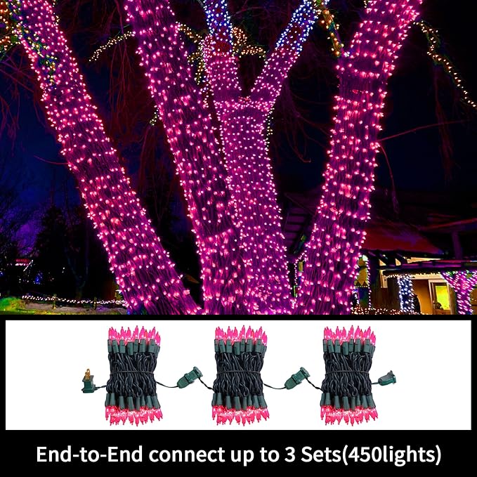 LAMPHOME Super-Bright Extendable Pink Christmas Lights Decoration 150Lights 31.9ft UL Certified Mini Bulb String Lights Set for Outdoor Christmas Tree Garden Holiday Party Patio Wedding Garland Decor