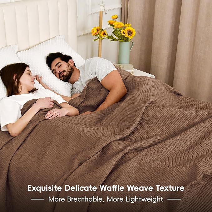 PHF 100% Cotton Waffle Weave Blanket King Size for Bed,Snag Proof Lightweight Breathable Moisture-wicking Throw for Couch,Great for Layering in Cold Weather,Machine Washable,Home Decor Gift-Cappuccino