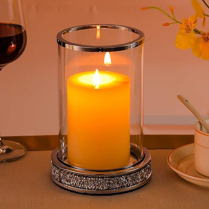 Pillar Candle Holders set of 2,Hurricane Candle Holders for Pillar Candle,Glass Candle Holder for Coffee Dining Table, Wedding, Christmas, Halloween, Home Decoration,Silver Candle Holders