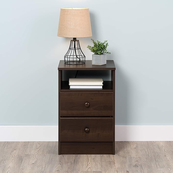 Prepac Astrid Simplistic Nightstand Side Table with 2 Drawers and Open Shelf, Functional Bedside Table 15.5" D x 16" W x 24.5" H, Espresso, EDNH-0402-1