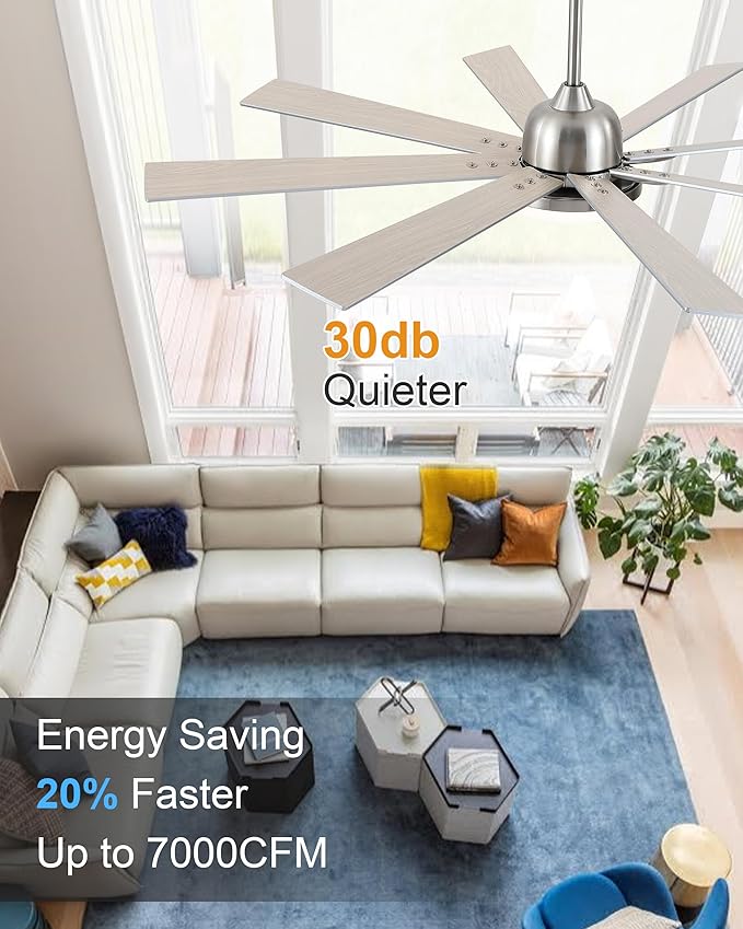 62 Inch Ceiling Fans with Lights,Large Modern Ceiling fan with Remote and 8 Wooden Blades,Dimmable,6 Speeds,Noiseless Reversible Indoor&Outdoor Fan for Bedroom,Patio,Living Room