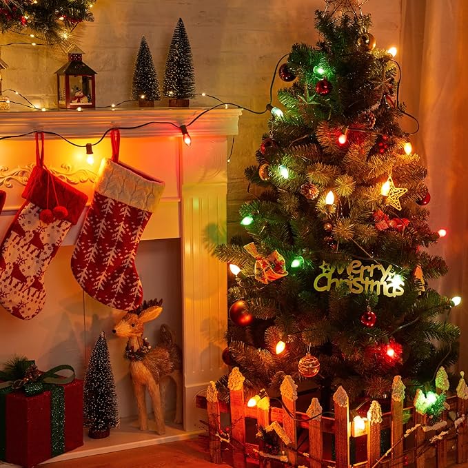 Minetom C9 Multicolor Christmas String Lights, 25FT 25+2 Bulbs Bright & Warm Outdoor Christmas Lights, Long Life C9 String Lights for Tree Patio Gazebo Wreath, Green Wire