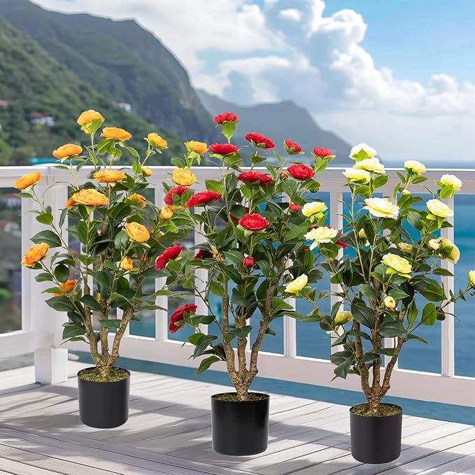 Artificial Camellia Tree, 3FT Faux Camellia Plant in Pot with Orange Flowers for Spring Home Front Door Outdoor Indoor Decoration