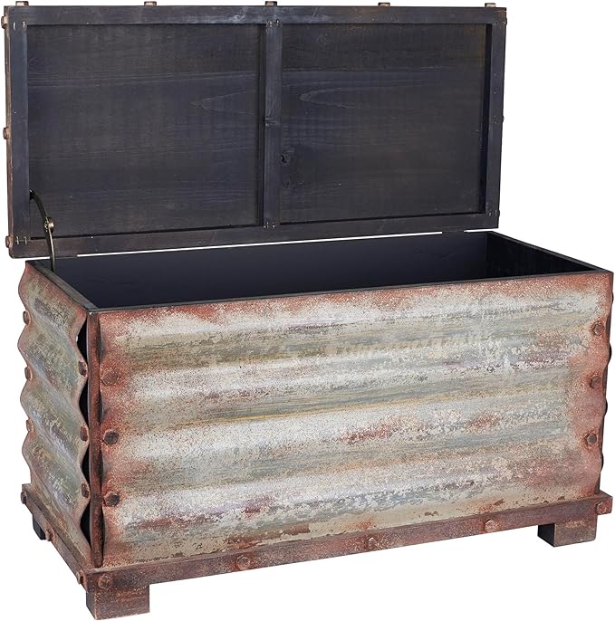 Household Essentials Decorative Trunk, Rustic, Large, Wood Frame and Metal Siding, Spacious and Handmade, Fully Opening Lid, Black Interior, Driftwood and Silver