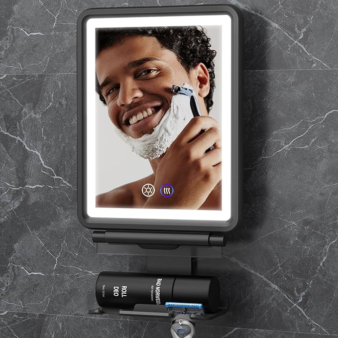 Heated Shower Mirror Fogless for Shaving, 3 Colors Stepless Dimmable Lights Fogless Mirror for Shower, Rechargeable Anti Fog Shaving Mirror for Shower with Razor Holder for Men, Light Memory Function