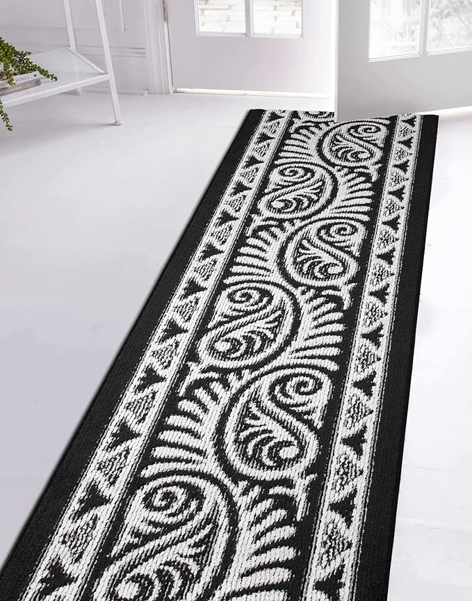 Custom Length Cut to Size Tribal Ethnic Southwestern Inspired Hallway Runner Rug, Non Slip Rubber Backed, 31 inch Wide X Customized Length, Mayan Black, 31 inch X 8 feet