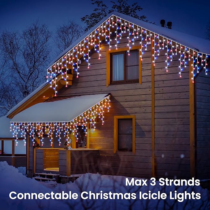 Toodour Red White Blue Christmas Icicle Lights, 29.5ft 360 LED Icicle Lights, 8 Modes, 60 Drops, Window Curtain Led Christmas Light, Icicle Twinkle Light for Eaves, Party, Wedding, Xmas Decorations