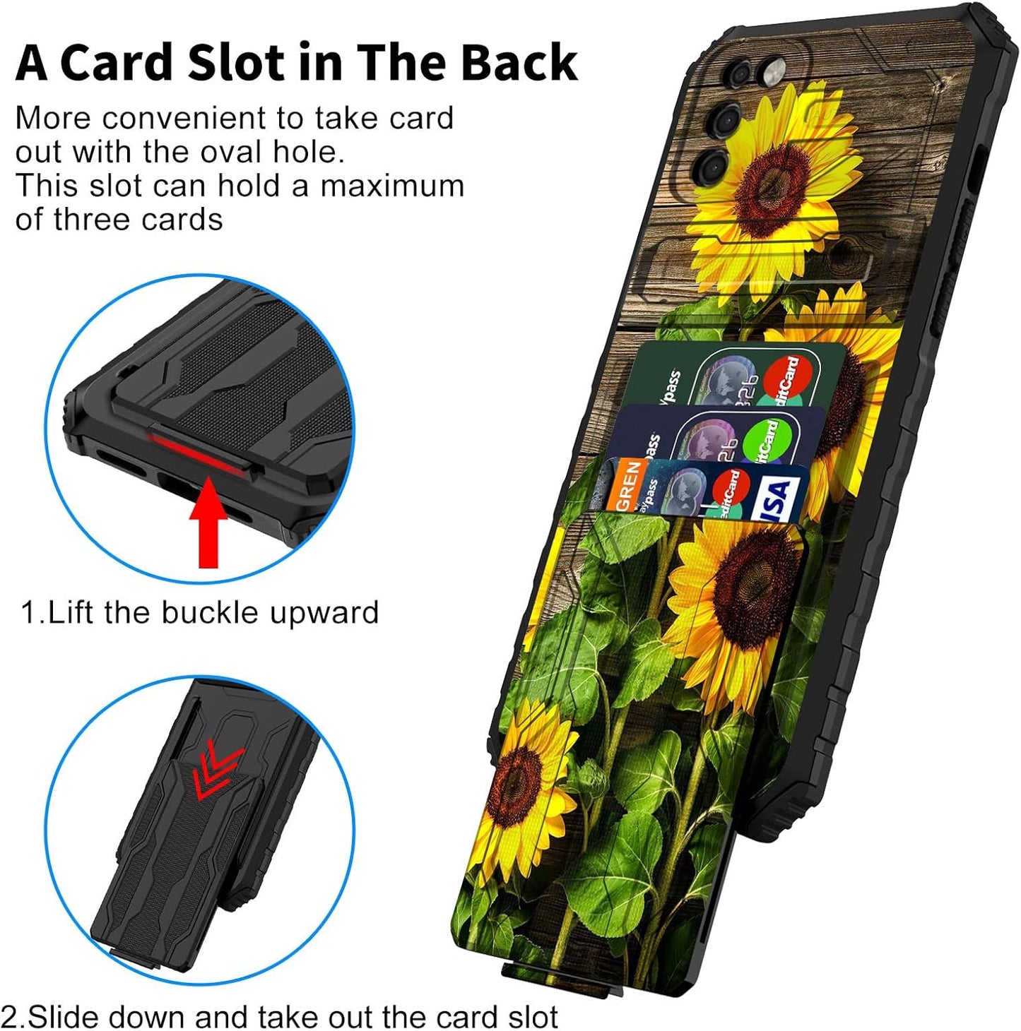 Samsung Galaxy A03s Case with Detachable Card Holder Slot, Heavy Duty Shockproof Cover, Sunflower Plank