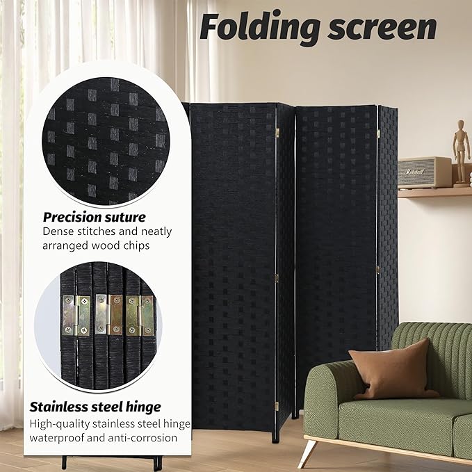 FDW Room Divider 6 Panels Wood Mesh Hand-Woven Design Indoor Folding Portable Partition Screen, Coal Black