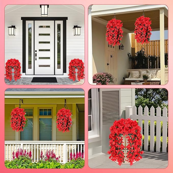Artificial Bougainvillea Flowers for Outdoor Plant,4 pcs Faux Hanging Flowers Bougainvillea for Outside Decoration,Fake Silk UV Resistant Vines for Front Door Porch(Red)