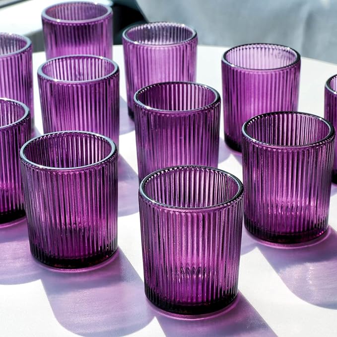 VOHO 12pcs Purple Votive Candle Holders for Christmas Holiday Decorations, Vintage Glass Votive Candle Holder for Coffee Table Centerpiece, Ribbed Tealight Candle Holder for Birthday Gifts