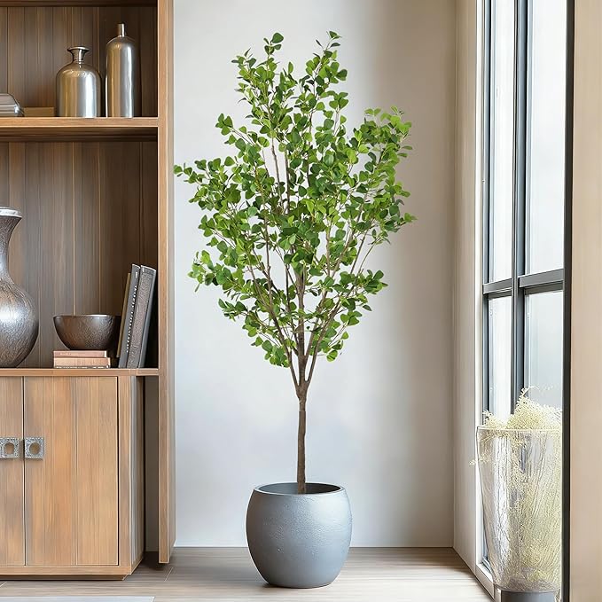 Faux Ficus Tree 7.5ft(90in) Artificial Floor Plant for Indoor Decor Realistic Potted Tree with Texture Silk Leaves and Natural Wood Trunk for Home Living Room,Office Perfect Housewarming Gift