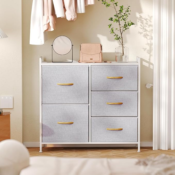 ROMOON Dresser for Bedroom, Storage and Organizers for Closet with 5 Drawers, Small Fabric Dresser and Chests of Drawers for Kids Bedroom, Nursery, Living Room, Hallway (Grey)
