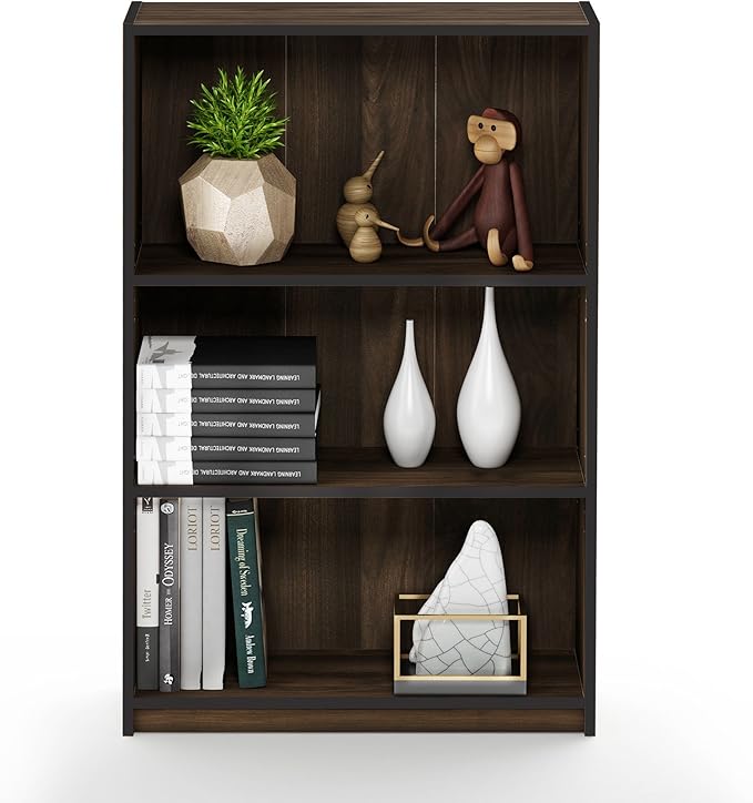 Furinno JAYA Book Shelf, 3-Tier Bookshelf, Bookcase with Adjustable Shelves, 9.5 x 24.5 x 40.3, for Living Room, Bedroom, Home Office, Columbia Walnut