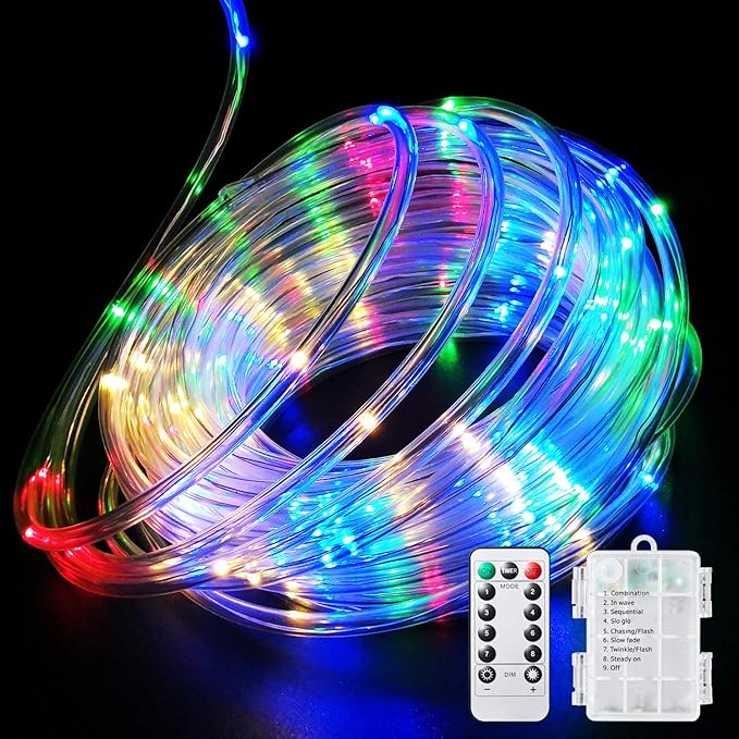 LED Rope Lights Battery Operated String Lights 40FT 120 LEDs 8 Modes Fairy Lights with Remote Timer Outdoor Decoration Lighting for Garden Patio Party,Weddings,Christmas Décor (Multi-Color)