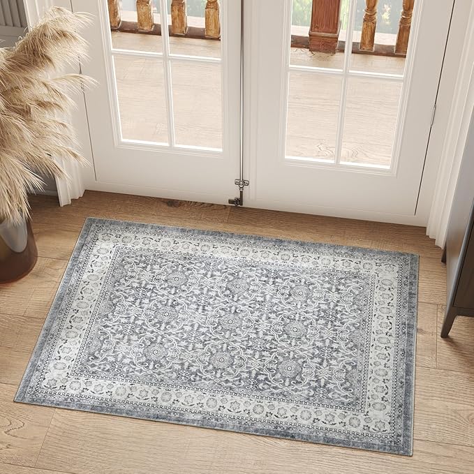 jinchan Floral 2x3 Rugs for Entryway - Machine Washable Grey Vintage Distressed Boho Design Soft Faux Wool Small Non-Slip Doormat for Entrance Kitchen Living Room Bedroom Farmhouse (2‘x3',Grey)