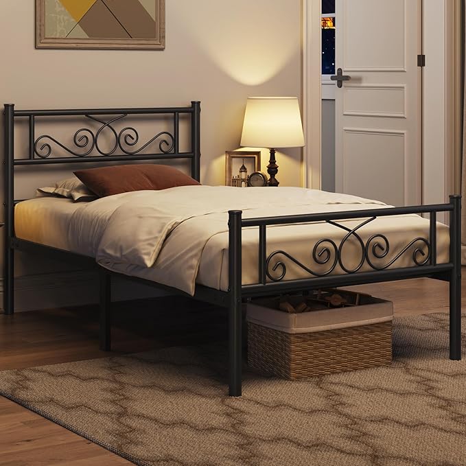 Yaheetech Twin Bed Frames Metal Platform Bed with Headboard and Footboard No Box Spring Needed Easy Assembly,Under-Bed Space: 12.6''/Black/Twin Bed