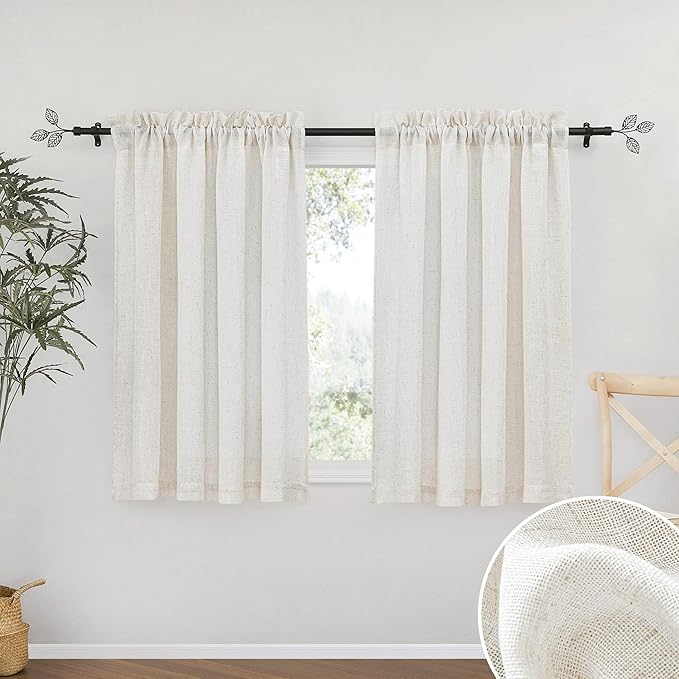 RYB HOME Semi Sheer Curtains - Flax Linen Blend Soft Short Sheer Curtains for Closet, Privacy Protection Light Filtering for Teen Girls&Boys Kids Bedroom Decor, 52/''W x 45/''L, 2 Pcs, Linen