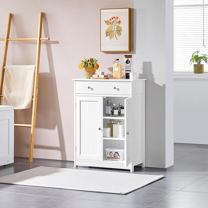 Yaheetech Free Standing Bathroom Cabinet with 1 Drawer 2 Doors and Adjustable Shelf, Wooden Entryway Storage Cabinet, 11.8D x 23.6W x 31.5H in, White