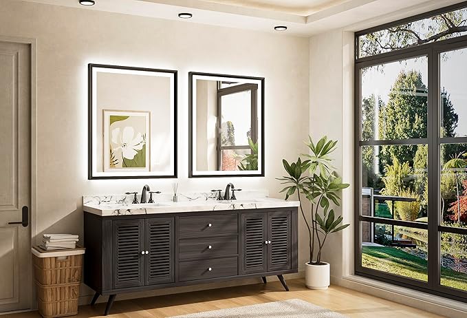 TETOTE LED Bathroom Mirror with Lights Black Metal Framed 30x36 Frontlit & Backlit Vanity Mirror Baroque Gothic Antifog Stepless Dimmable White/Warm/Natural,Wall Mounted(Horizontal/Vertical)