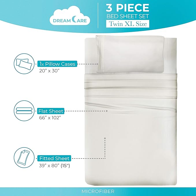 DREAMCARE Twin XL Sheet Sets – 3pcs Cooling Sheets – up to 15” Deep Pocket Twin XL Sheets Set – Hotel Luxury Sheets & Pillowcases – Superior Softness 100% Fine Microfiber with Side Pocket – Ivory