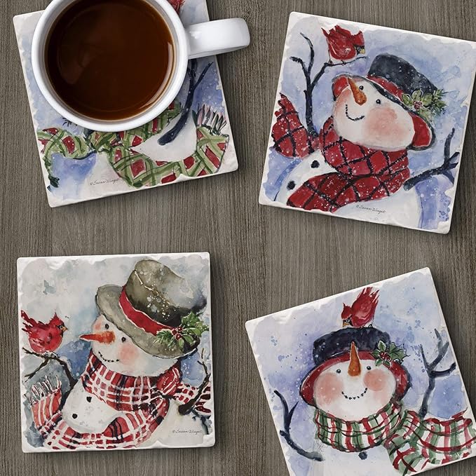 Thirstystone Watercolor Snowman 4 Pack Assorted Tumbled Tile Stone Coasters with Protective Cork Backing 4" Square Manufactured in The USA