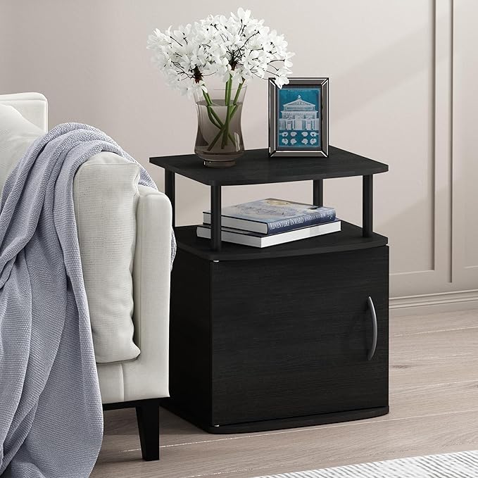 Furinno JAYA End Side Sofa Table/Nightstand with Door, 2-Pack, PVC Tubes, Black Wood