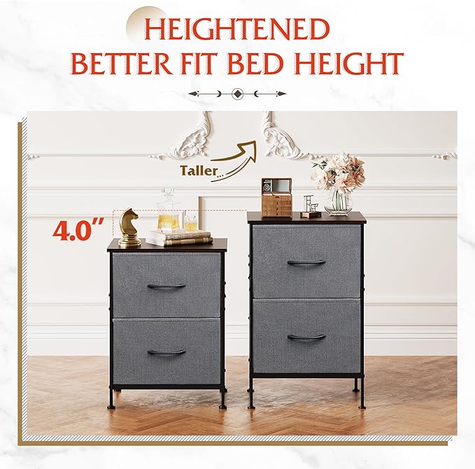 WLIVE Nightstand, Nightstand with 2 Drawers, Bedside Furniture, Night Stand, Small Dresser for Bedroom, College Dorm, End Table with Fabric Bins, Dormitory, Dark Grey, Size L