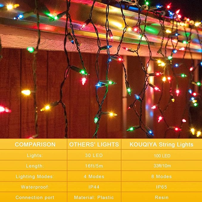 KOUQIYA Battery Operated Christmas Lights, 33ft 100 LED Battery Operated String Lights with Auto-Timer 8 Modes Waterproof String Lights for Xmas Outdoor Indoor Garden Party Decor, Multicolor