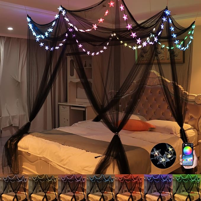 Comtelek Bed Canopy with LED Star Lights, Canopy Bed Curtain with RGB Color Changing String Lights with Smart App Control Remote for Princess Girls Bedroom, Suggested for Twin Full Queen King Bed
