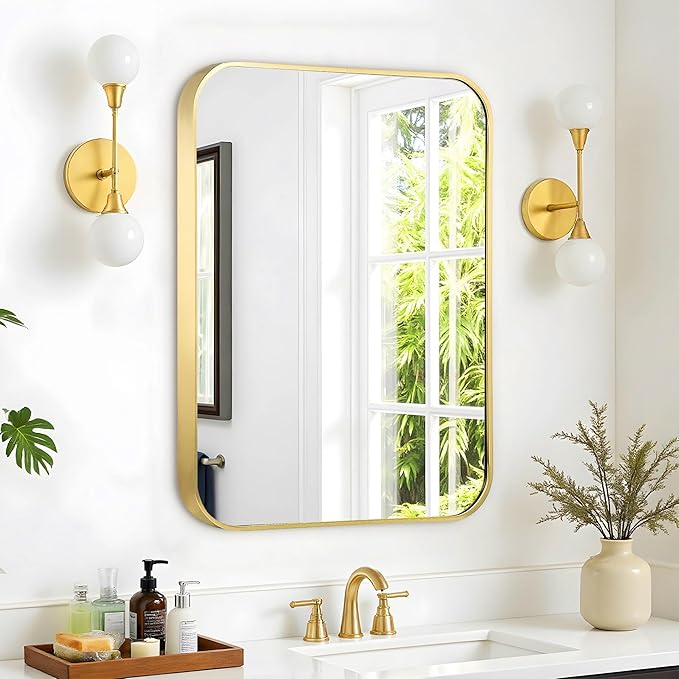 24"x36" Brushed French Gold Metal Framed Rounded Rectangle Mirror, Gold Wall Mounted Mirrors for Bathroom Entryway Vanity Living Room Bedroom, Vertical or Horizontal