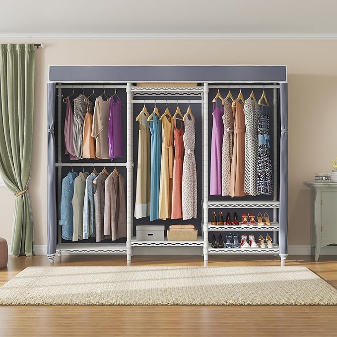 VIPEK V5C Portable Bedroom Armoires Wardrobe Closet with Cover, Heavy Duty Covered Clothes Rack Adjustable Closet Rack, White Metal Clothing Rack with Grey Oxford Fabric Cover, 70.1" Lx17.3 Wx76.4 H