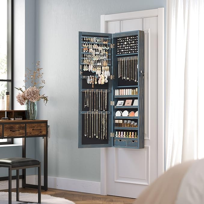 SONGMICS 6 LEDs Mirror Jewelry Cabinet, 47.2-Inch Tall Lockable Wall or Door Mounted Jewelry Armoire Organizer with Mirror, 2 Drawers, Christmas Gift, 3.9 x 14.6 x 47.2 Inches, Rustic Blue
