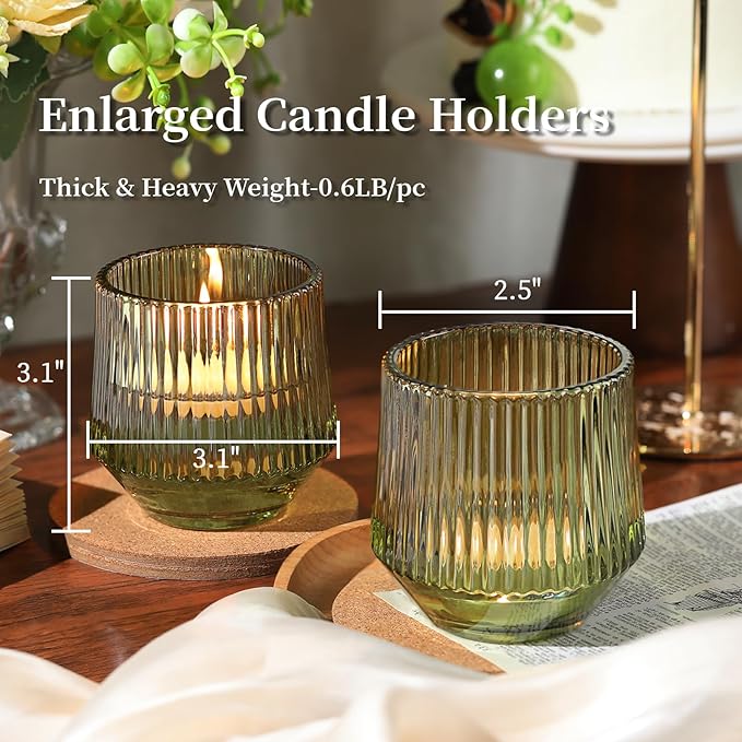 LAMORGIFT 12 Pcs Large Green Ribbed Glass Tea Light Holders - 3.15" x 3.15" - Green Wedding Decor, Table Centerpieces