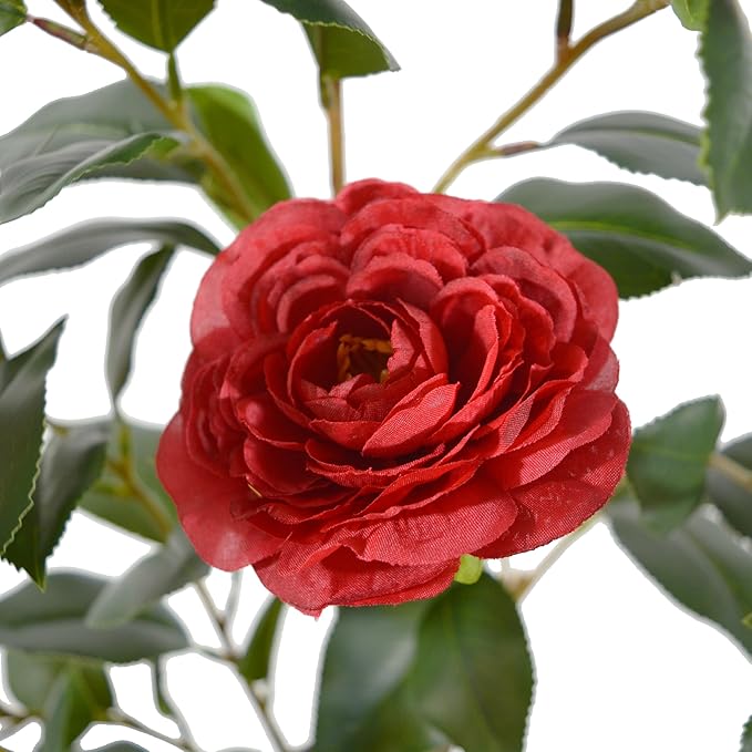 Artificial Camellia Tree 3ft, Fake Plant in White Pot, Faux Camellia Silk Flower Potted Tree for Indoor Outdoor Home Livingroom Office Decor (Red)