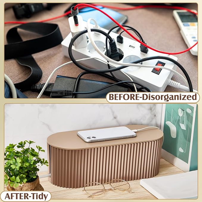 Marsui 2 Pcs Light Coffee Cable Management Organizer Box for Hiding Wires, Home Office Desk Floor Cord Organizer, 11.8 x 5.1 x 4.3 Inch Cord Strip Protect Holder Wire Storage