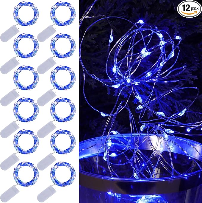 WATERGLIDE 12 Pack Fairy Lights Battery Operated (Included), 7 ft 20 LED Mini String Lights, Waterproof Silver Wire Firefly Starry Light for DIY Wedding Christmas Party Mason Jars Decor, Blue