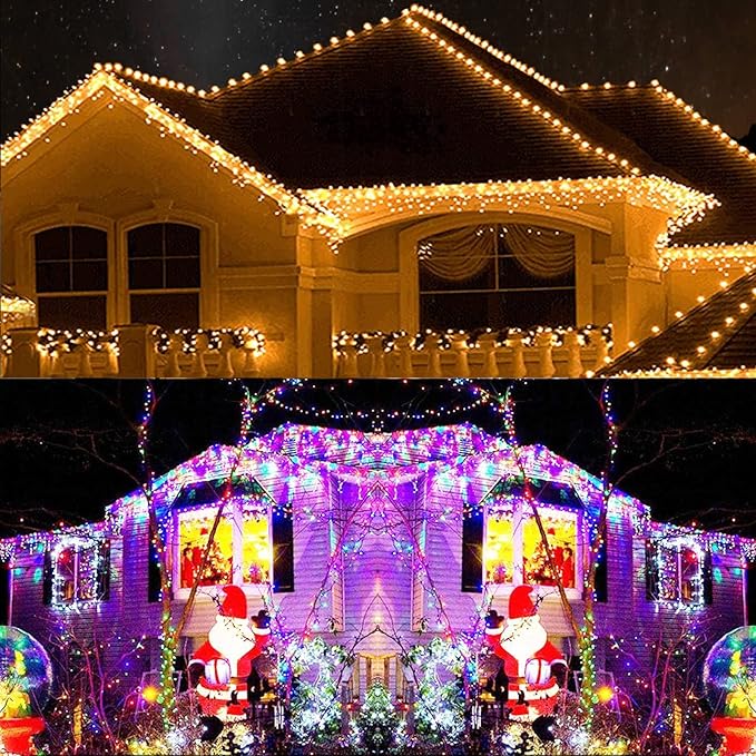 Toodour Christmas Icicle Lights Outdoor, 2 in 1 Warm White & Multicolor Color Changing Icicle Lights with 60 Drops, 29.5ft 360 LED Christmas Light Fairy Twinkle Light for Wedding Home Xmas Decor