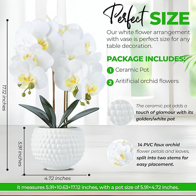 Large Artificial Orchids with Ceramic Pot, Faux Orchids for Living Room, Bathroom, Kitchen, Home, Hotel Indoor Decor (17'' White)
