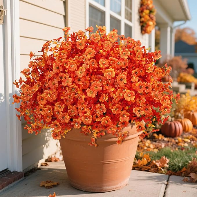 Ouddy Decor 24 Bundles Artificial Fall Flowers for Outdoors, Fake Mums Silk Flowers UV Resistant Faux Plastic Plants for Garden Porch Farmhouse Fall Autumn Harvest Thanksgiving Home Decor, Orange