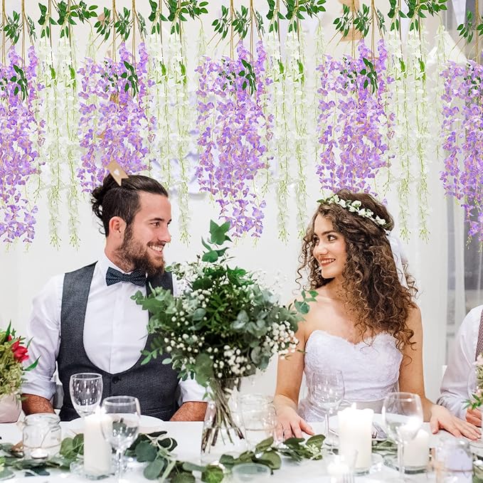 Giegxin 36 Pcs Artificial Wisteria Hanging Flowers 3.6 ft Artificial Fake Wisteria Vine Rattan Hanging Garland Silk Flowers String for Wall Home Wedding Party Greenery Decorations (Purple,White)