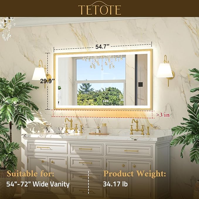 TETOTE Gold LED Mirror for Bathroom 55x30 Metal Frame Frontlit & Backlit Lighted Vanity Mirror Baroque Anti Fog Stepless Dimmable White/Warm/Natural,CRI90+,Wall Mounted(Horizontal/Vertical)