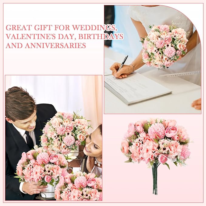 Tigeen 12 Pcs Peonies Artificial Flowers Faux Roses Silk Flowers Hydrangea Artificial Bouquet for Wedding Table Centerpiece Floral Vase Home Office Bridal Decor (Pink)