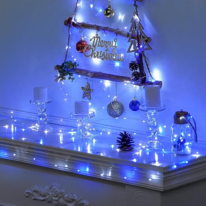 JMEXSUSS 2 Pack 100 LED Blue and White Fairy Lights Battery Operated, 33ft Blue and White Christmas Lights with Remote, 8 Modes Battery Powered Twinkle String Lights for Bedroom Christmas Tree Decor