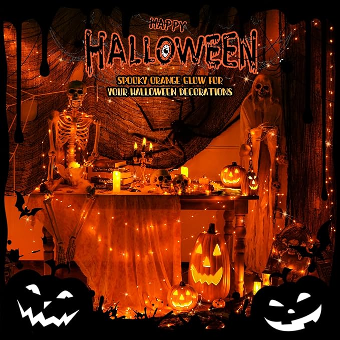 JMEXSUSS 8 Pack 50 LED Orange Fairy Lights Battery Operated, 16 Ft Orange Halloween Lights for Parties, Garden, Patio Decorations