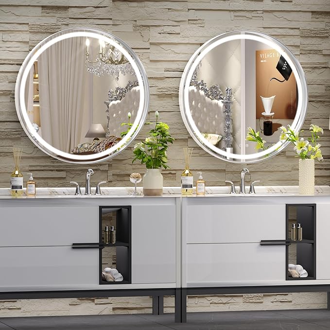 Hasipu 24 Inch Round LED Mirror for Bathroom with Lights, Silver Circular Vanity Mirror for Wall, Metal Framed Frontlit Bathroom Mirrors Anti-Fog, Dimmable, 3 Colors Makeup Shaving Mirror Wall Mounted
