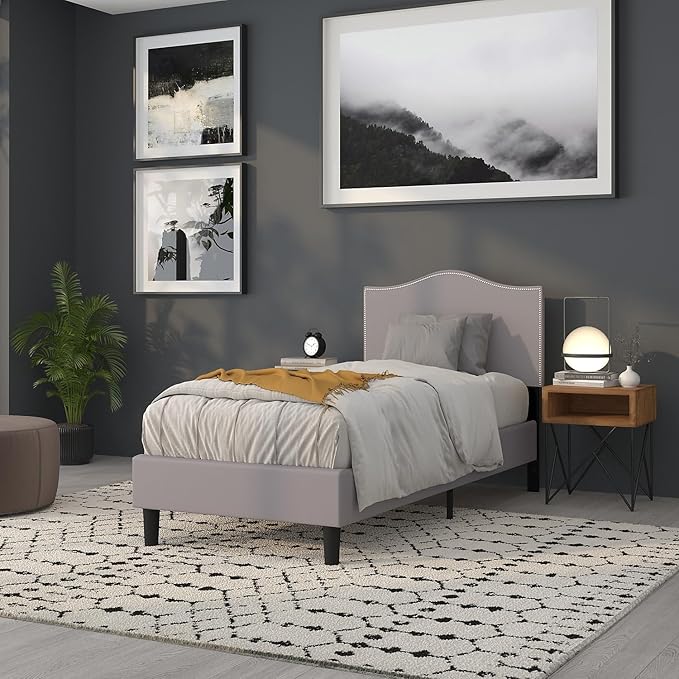 Flash Furniture Lexington Upholstered Twin Size Headboard with Accent Nail Trim in Light Gray Fabric