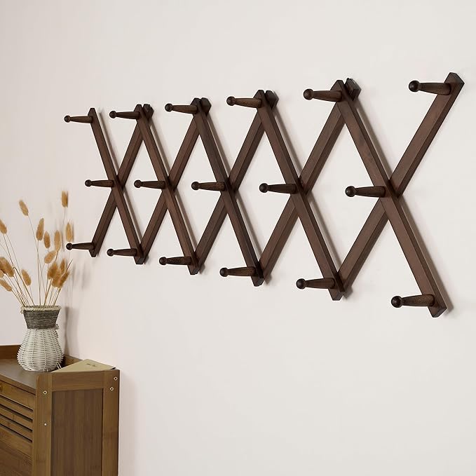 SKOLOO Hat Rack for Wall with 17 Hooks, Solid Wooden, Modern, Expandable Coat Rack Wall Mount for Coats, Hats, Bags, Baseball Caps, Walnut Color